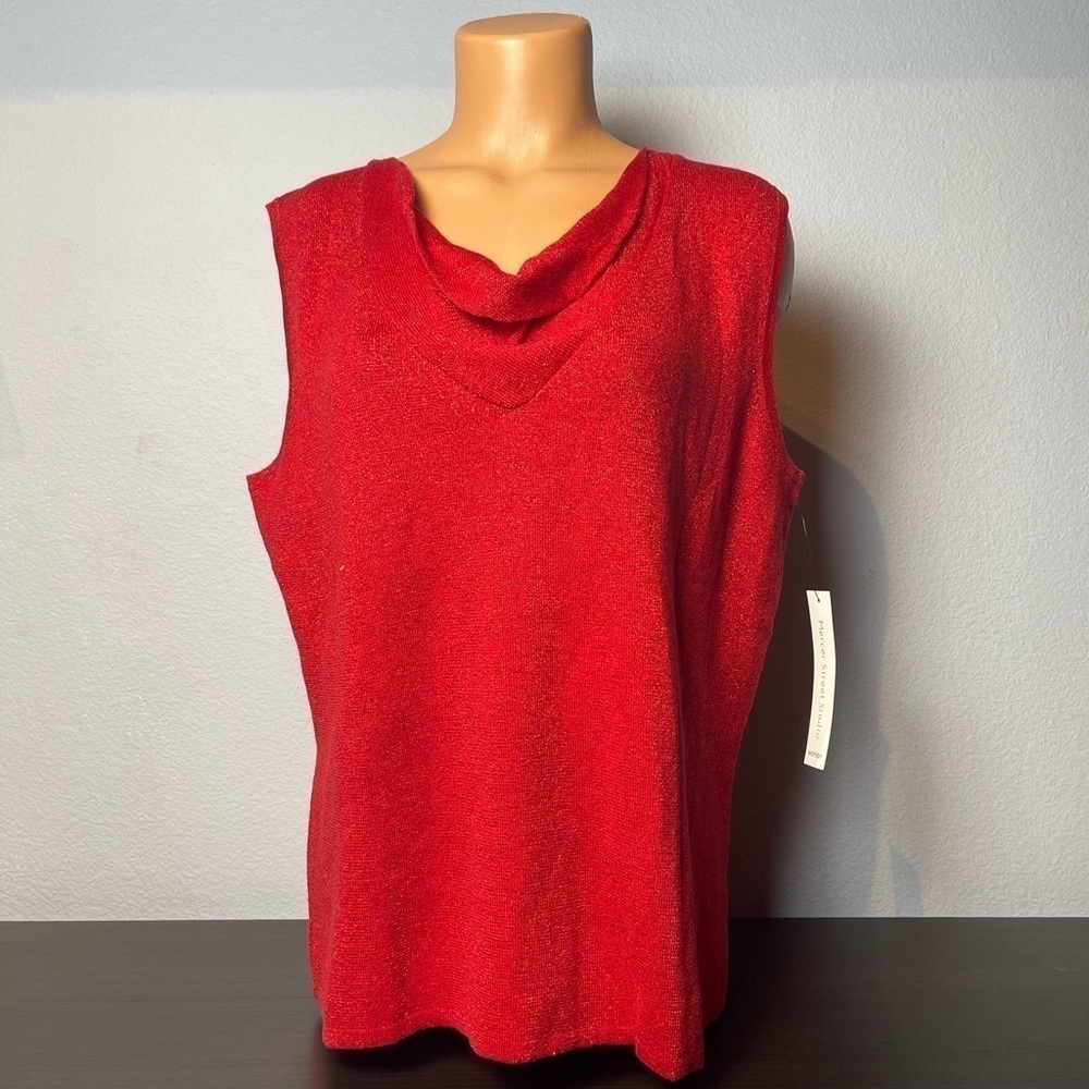 MERCER Street Studio Red Shimmer Draped Neck Knit Tank (L10)